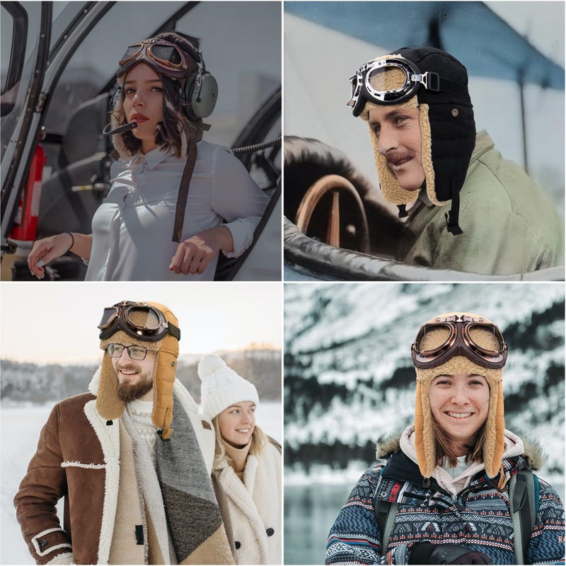 Peicees Vintage Aviator Hat and Goggles Costume Accessories Fur Ear Flaps Trooper Trapper Pilot Cap for Men Women - Image 2